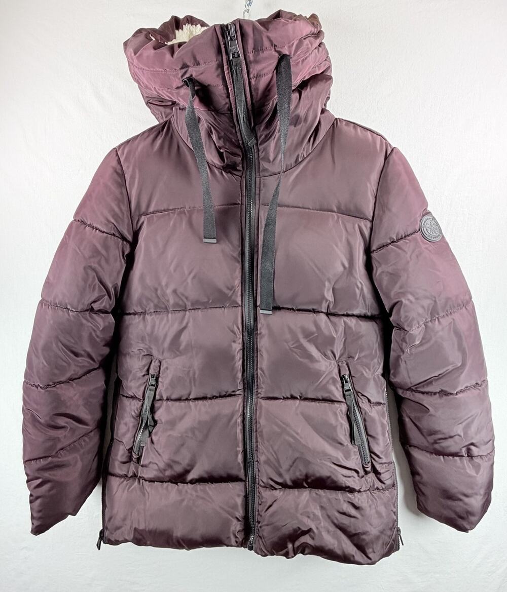 Madden Girl Women’s Puffer Jacket Size S Burgundy Hooded Faux Shearling